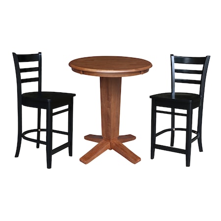 International Concepts 30 in. Solid Wood Round Top Pedestal Dining Table w/2 Counter Height Stools in Distressed Oak/Black K42-30RT-23-S46-6172-2